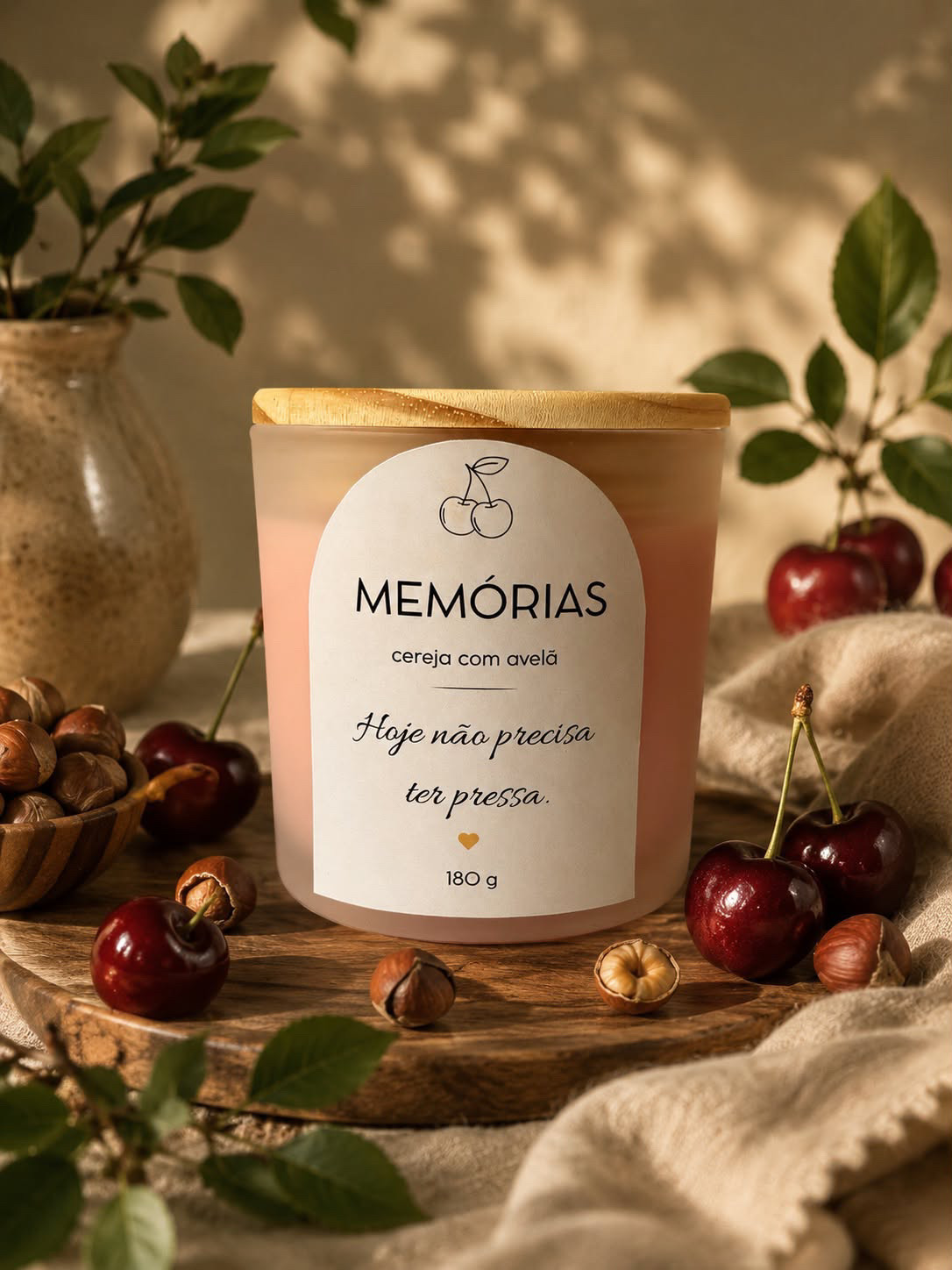 Vela Memórias cereja com avelã em ambiente aconchegante